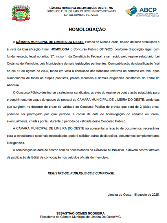 HOMOLOGAÇÃO DO CONCURSO PÚBLICO 01/2025.