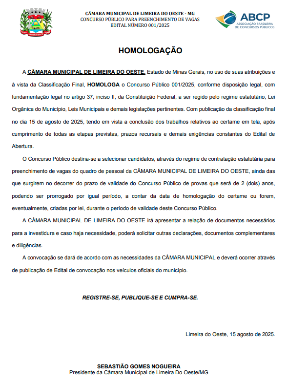HOMOLOGAÇÃO DO CONCURSO PÚBLICO 01/2025.
