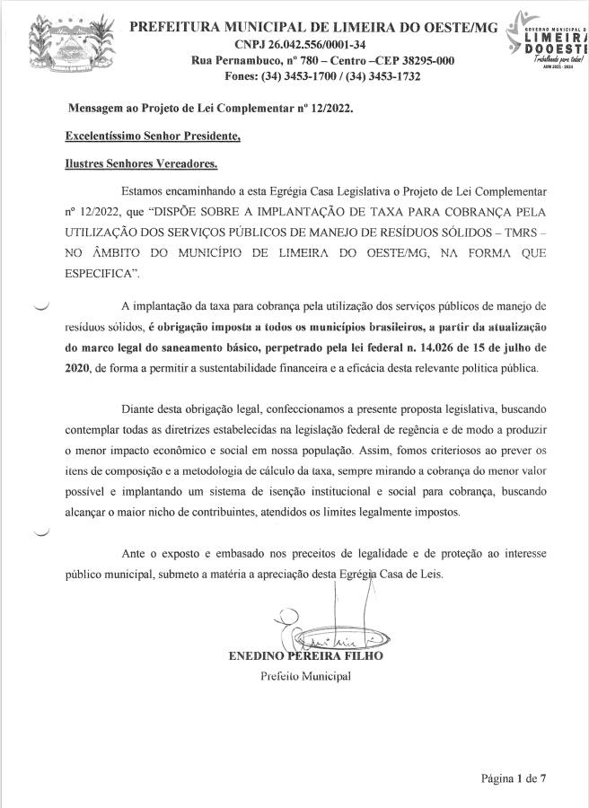  IMPLANTAÇÃO DE TAXA PARA COBRANÇA PELA UTILIZAÇÃO DOS SERVIÇOS PÚBLICOS DE MANEJO DE RESÍDUOS SÓLIDOS